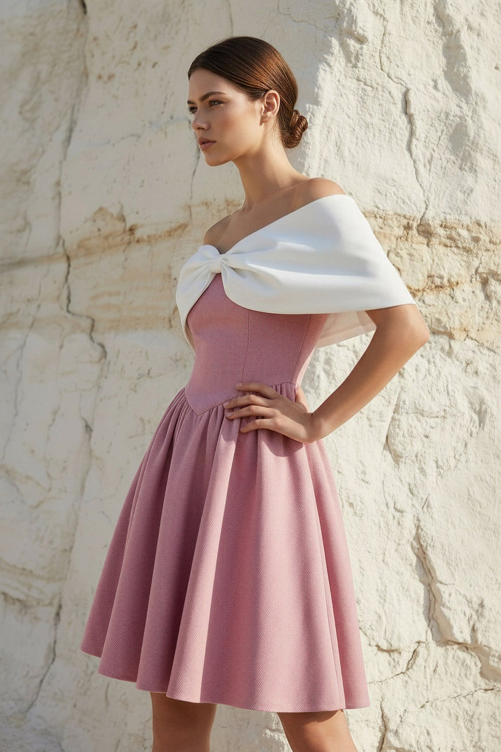 A-Line Mini Dress With Bow Cape in Pink
