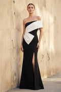Asymmetric One Shoulder Gown With Slit in Black and White