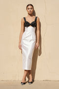 Bow Sheath Satin Midi Dress in Black and White
