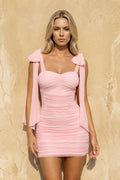 Bow Shoulder Ruched Mini Dress in Pink