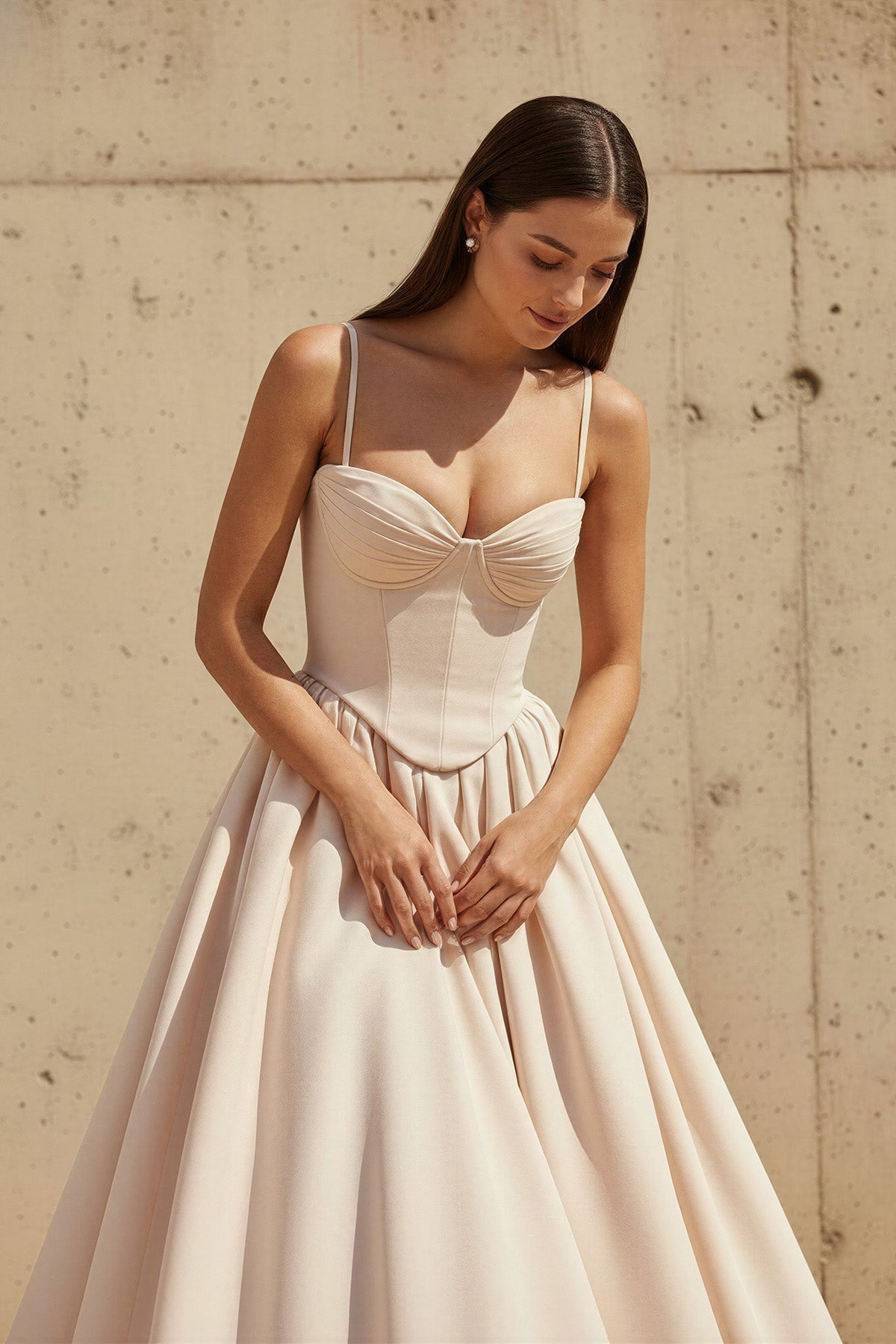 Corset Pleated Midi Dress in Champagne