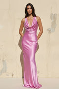 Cowl Neck Backless Maxi Dress in BonBon Pink