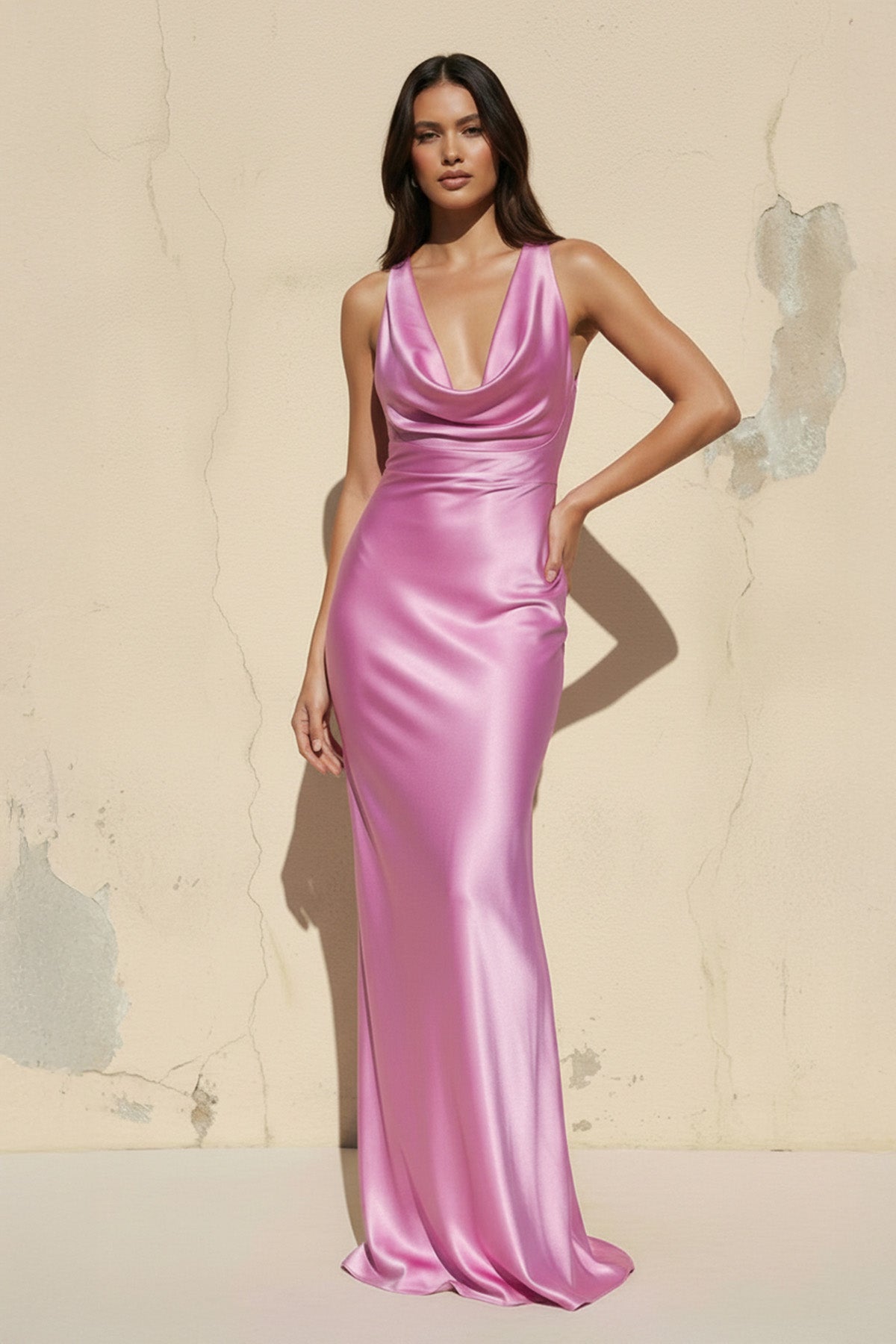 Cowl Neck Backless Maxi Dress in BonBon Pink