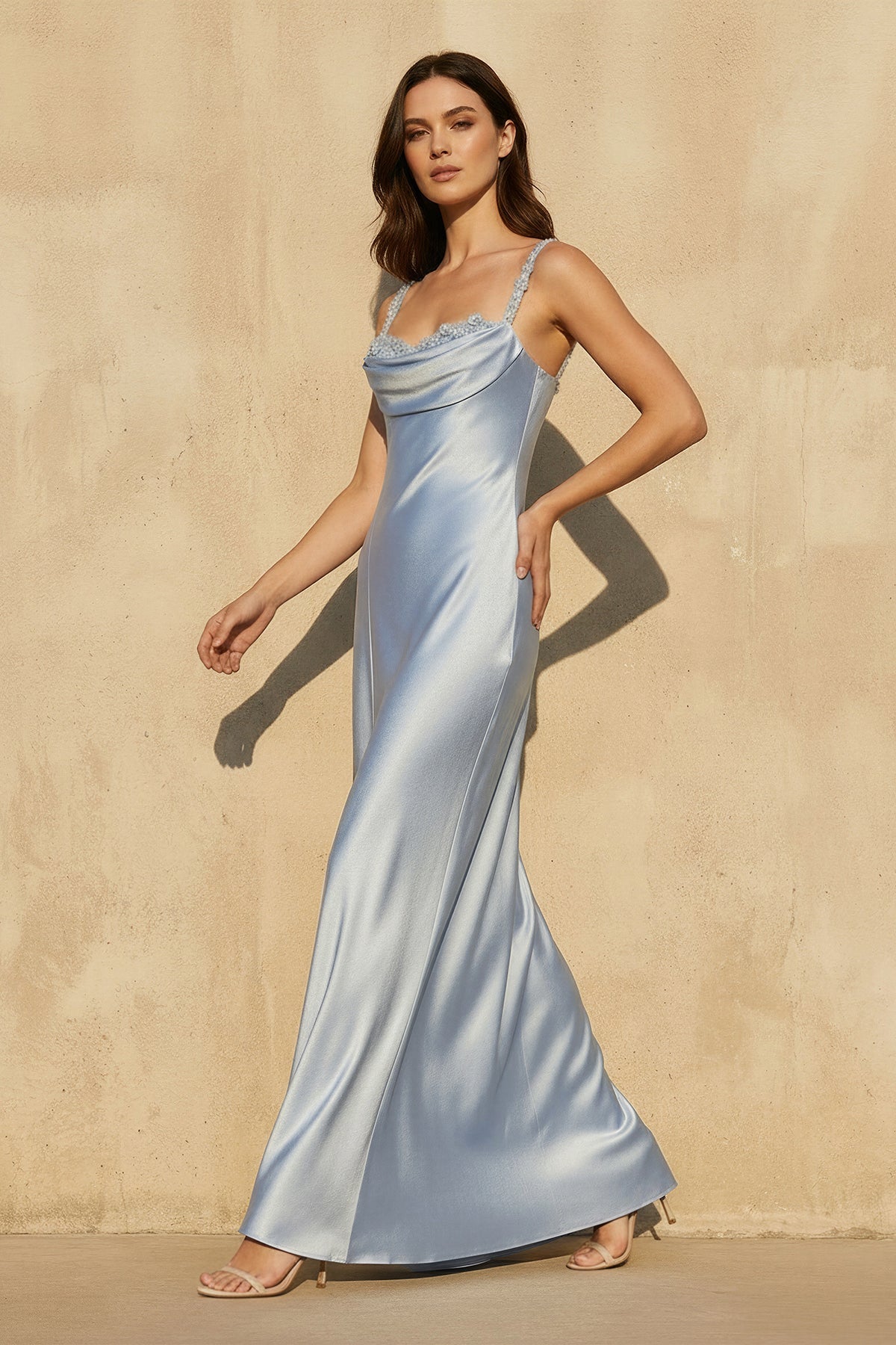Cowl Neck Gown With Appliques in Sky Blue
