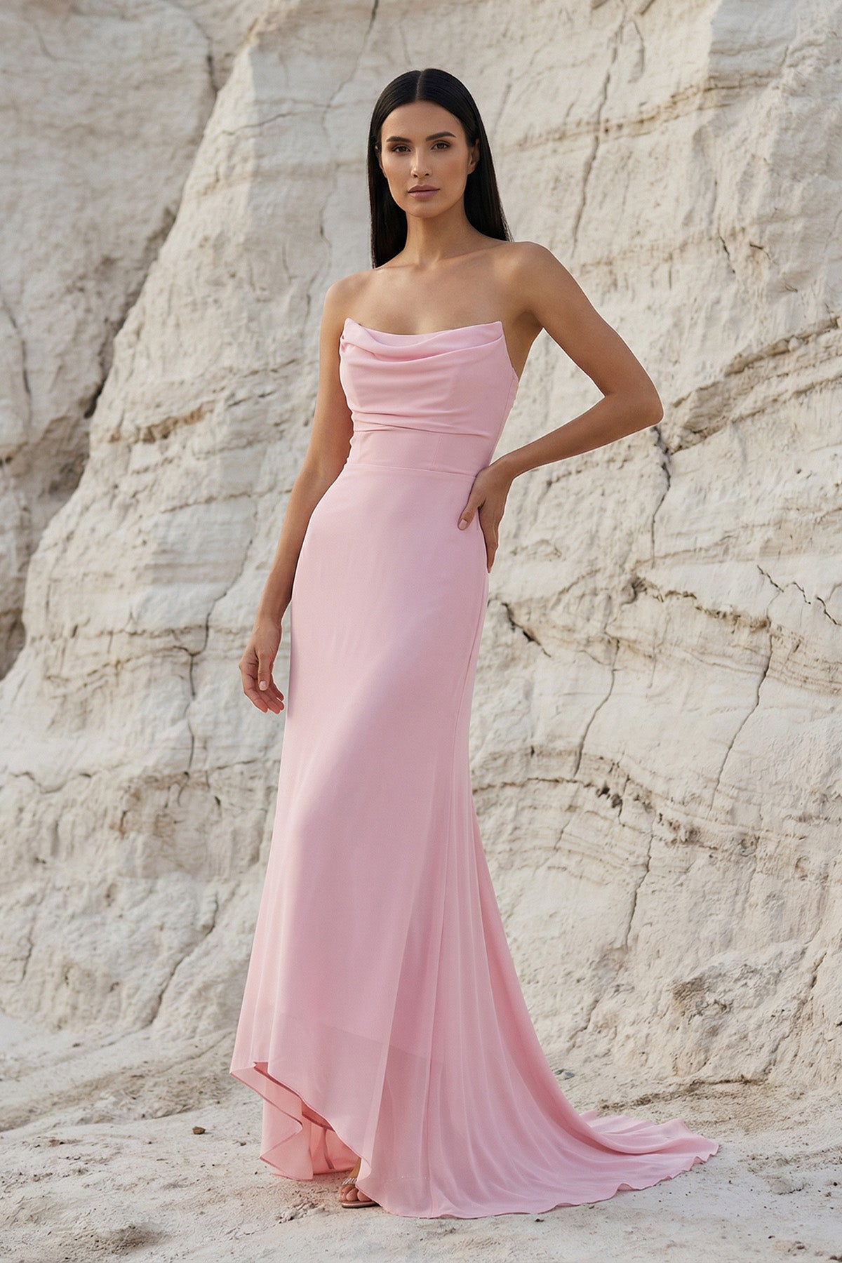 Cowl Neck High Low Maxi Dress in Pink
