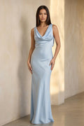 Cowl Neck Open Back Maxi Dress in Sky Blue