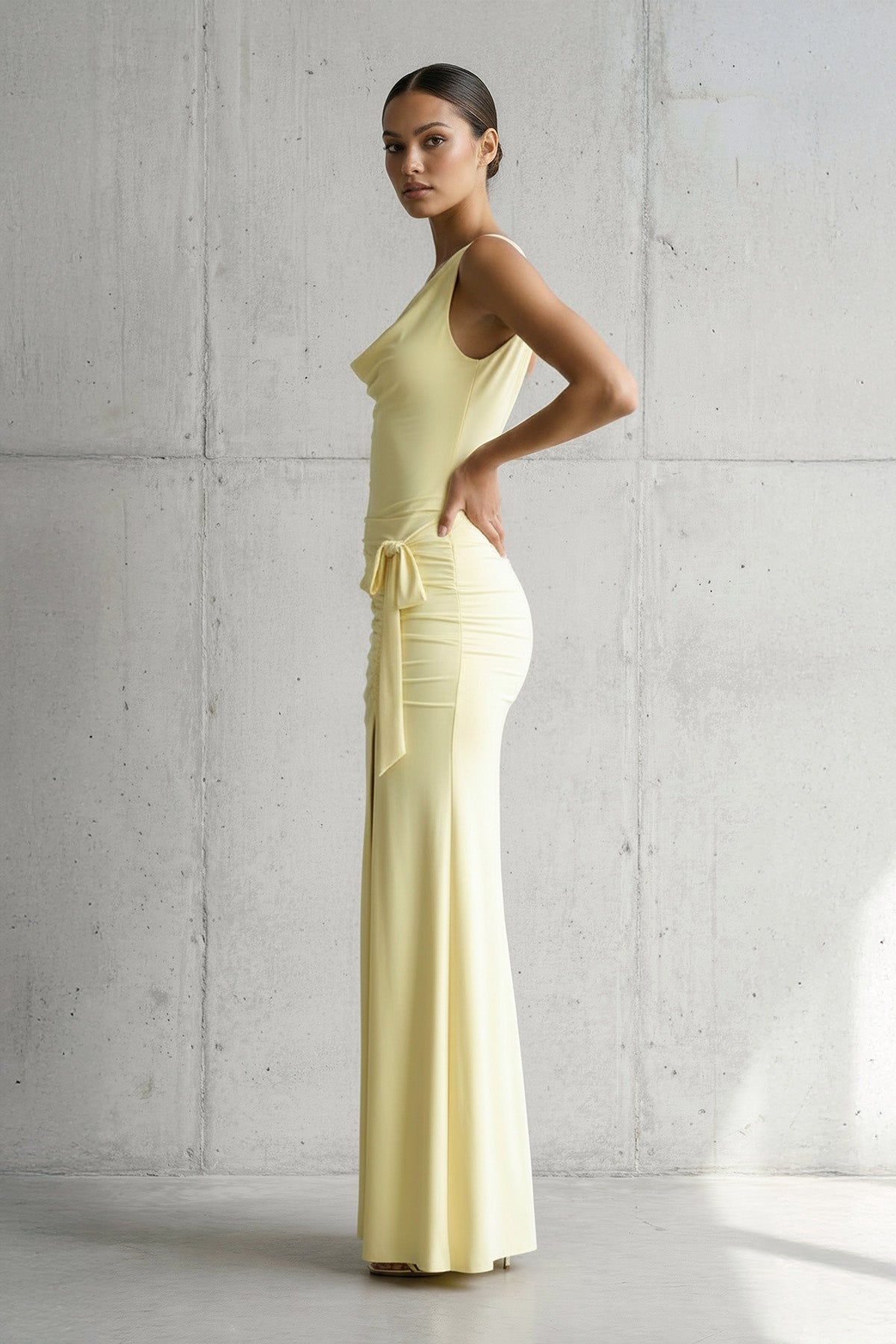 Cowl Neck Ruched Maxi Dress With Slit in Yellow