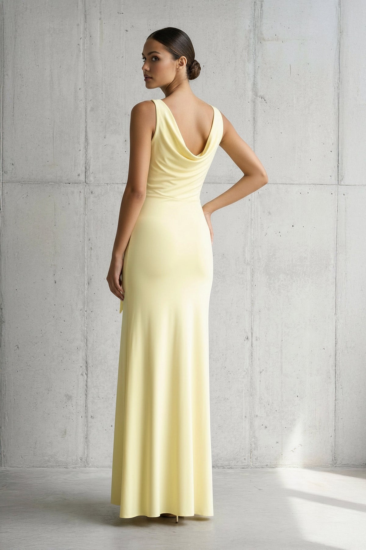 Cowl Neck Ruched Maxi Dress With Slit in Yellow