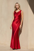 Cowl Neck Satin Maxi Dress in Red