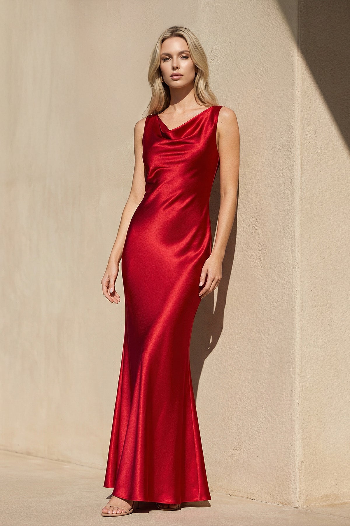 Cowl Neck Satin Maxi Dress in Red