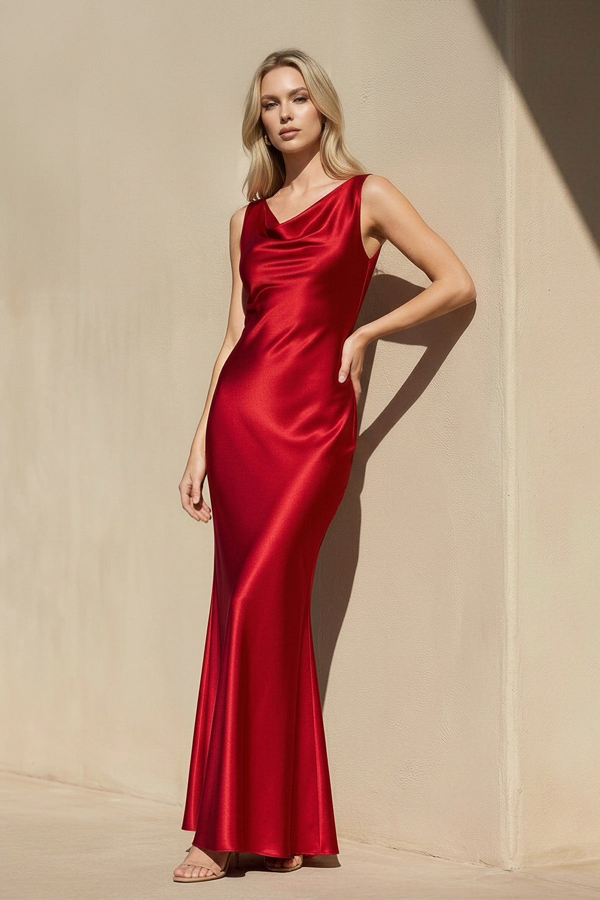 Cowl Neck Satin Maxi Dress in Red