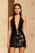 Deep V Neck Sequins Mini Dress in Black