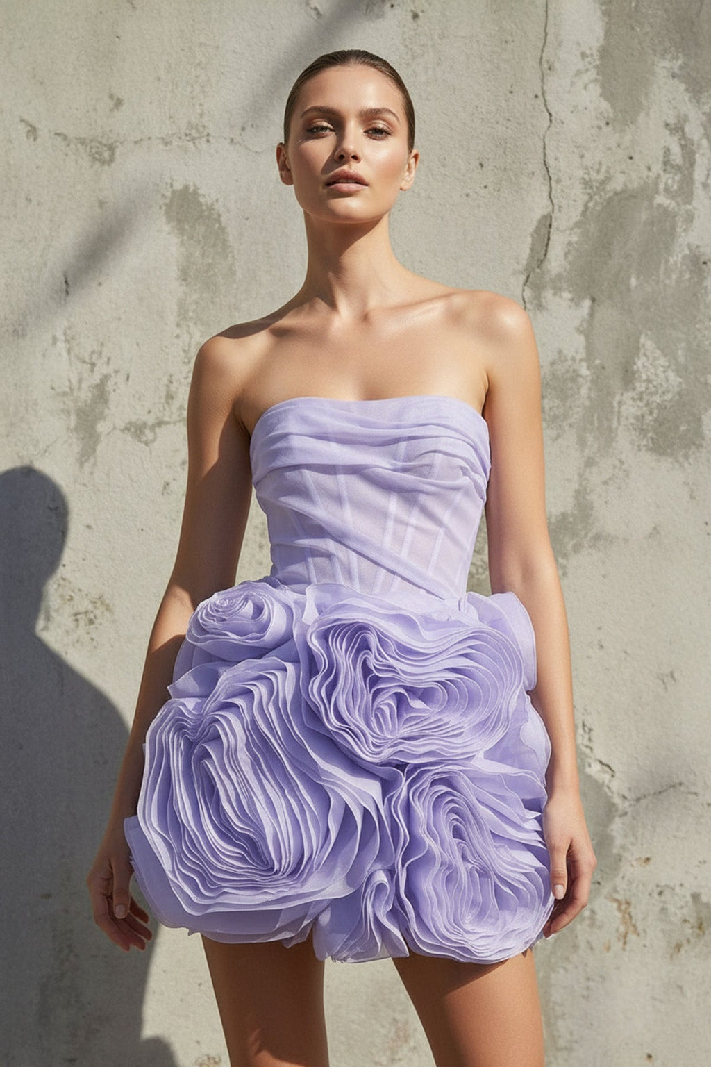 Floral Ruched Strapless Mini Dress in Lavender