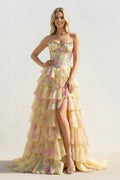 Floral Ruffled Prom Dress With Beading in Yellow