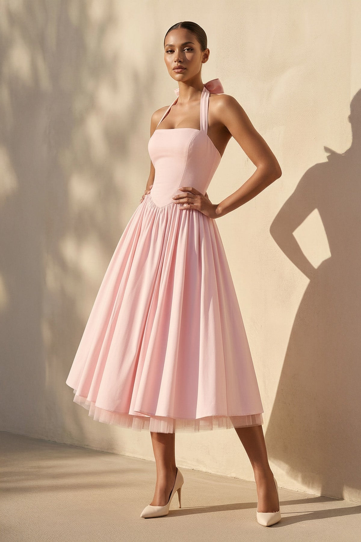 Halter Bow Midi Dress With Tulle Hem in Pink