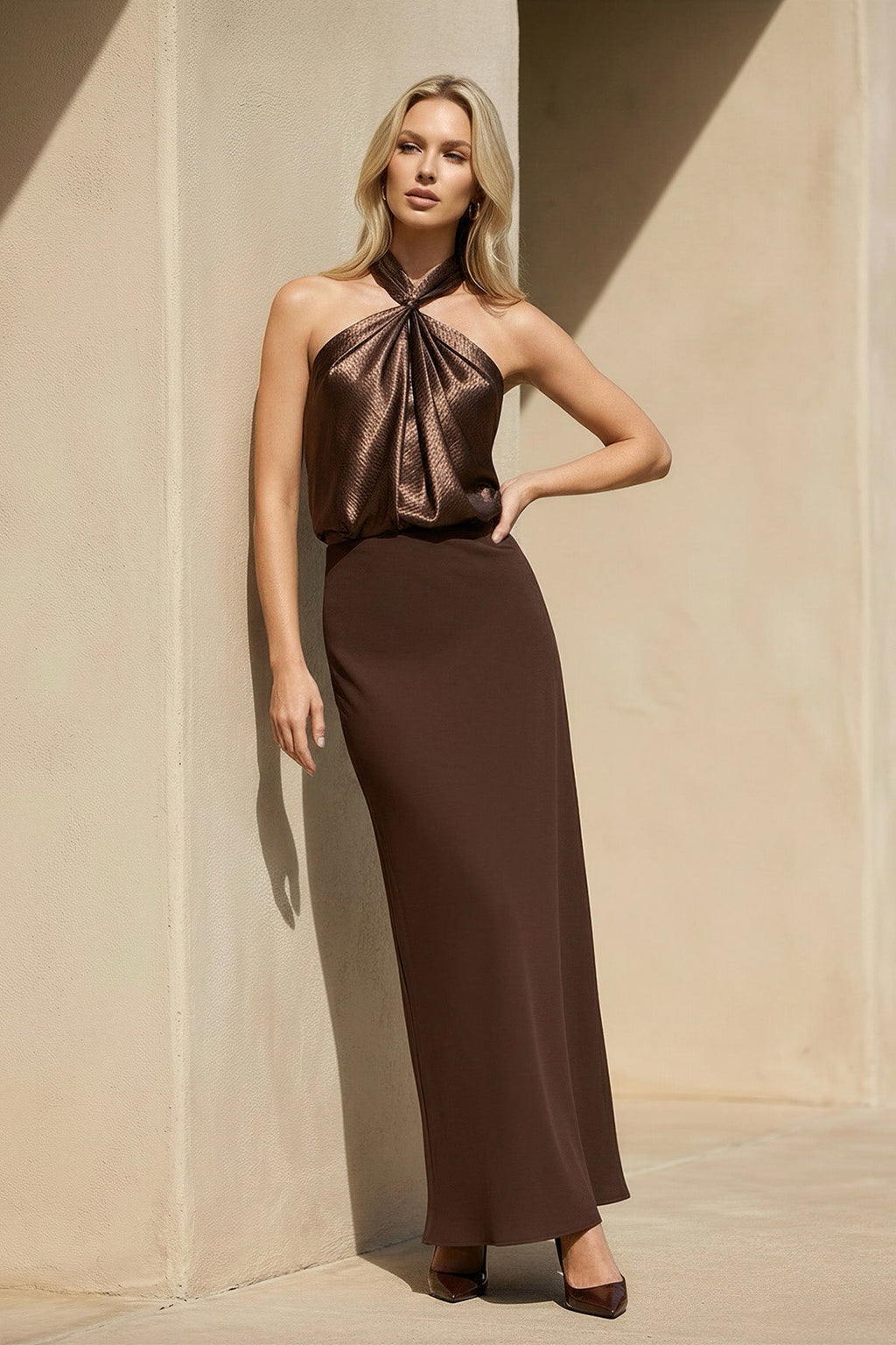 Halter Draped Maxi Dress in Brown