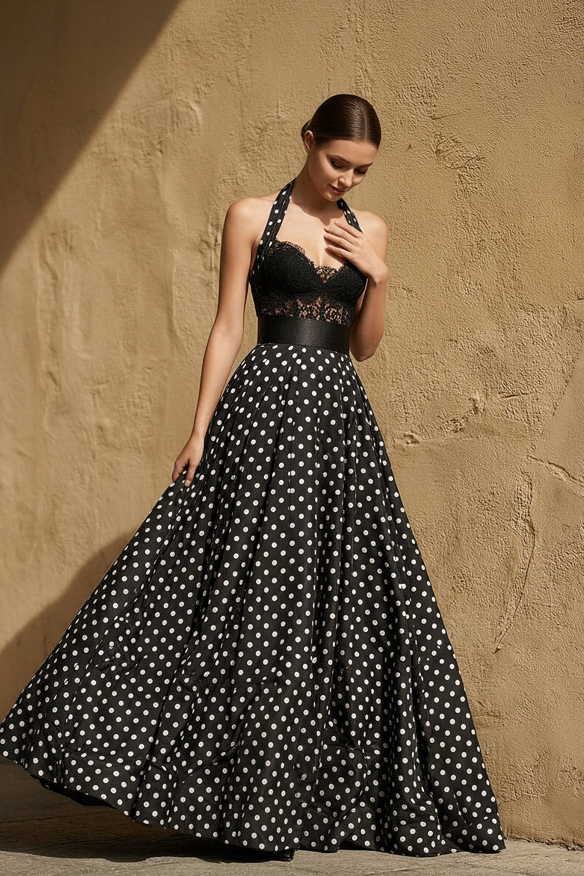Lace Bodice Polka Dot Prom Gown in Black