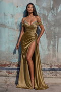 Off The Shoulder Pleated Prom Gown With Beading in Gold