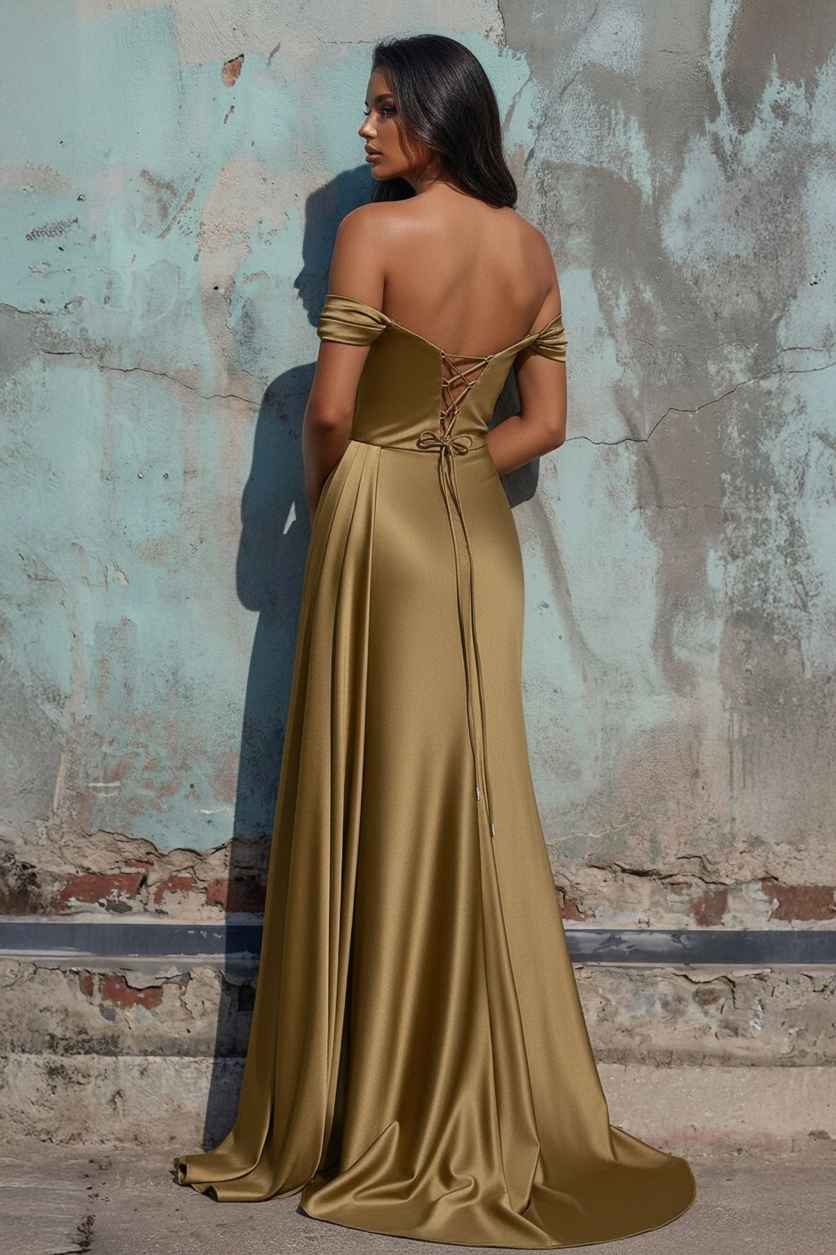 Off The Shoulder Pleated Prom Gown With Beading in Gold