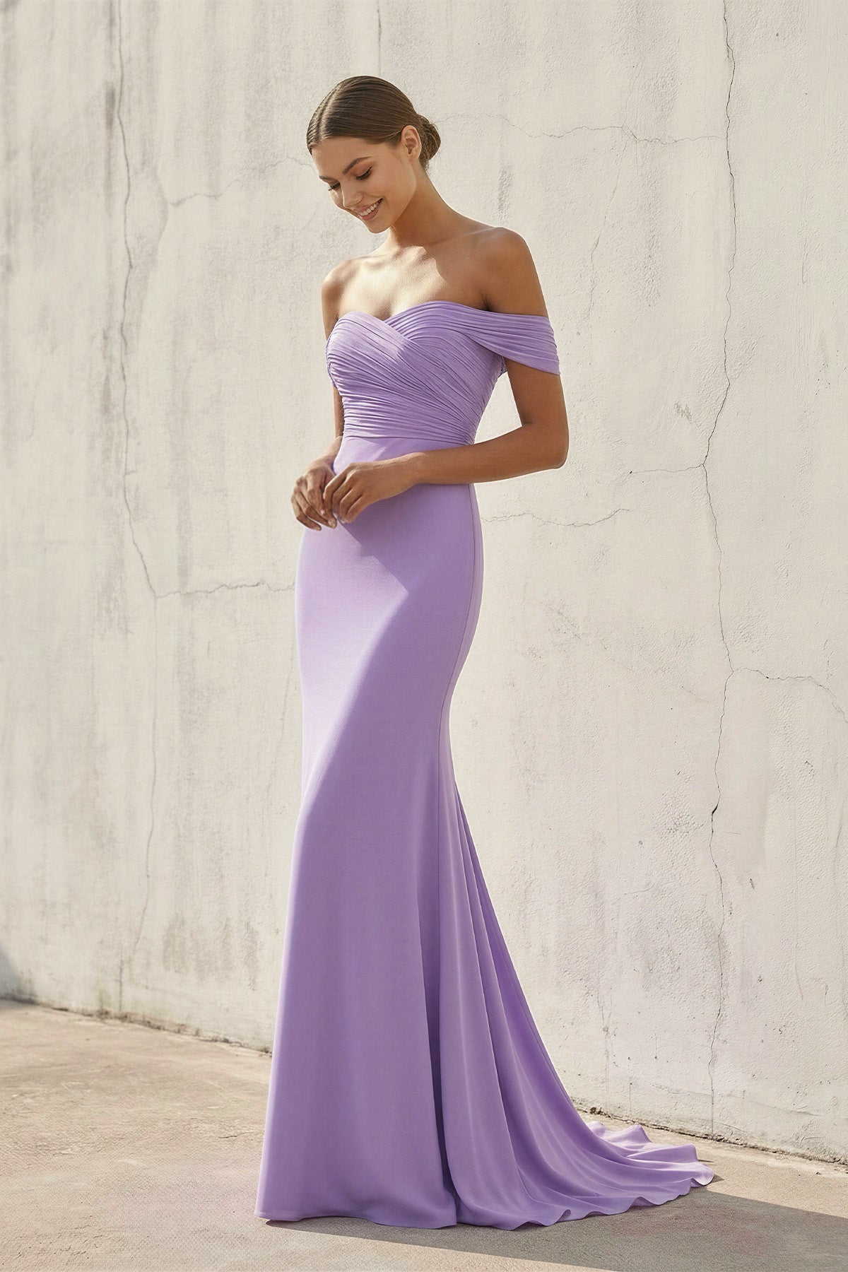 Off The Shoulder Ruched Prom Dress in Lavender