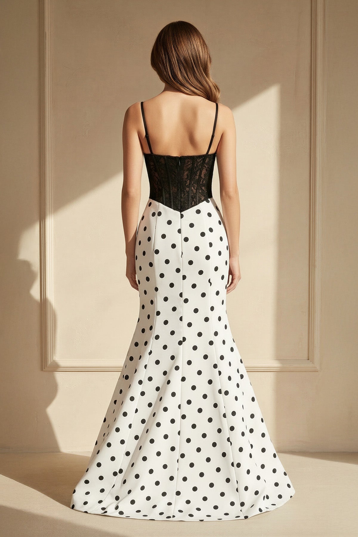 Polka Dot Mermaid Prom Dress With Lace in Black and White