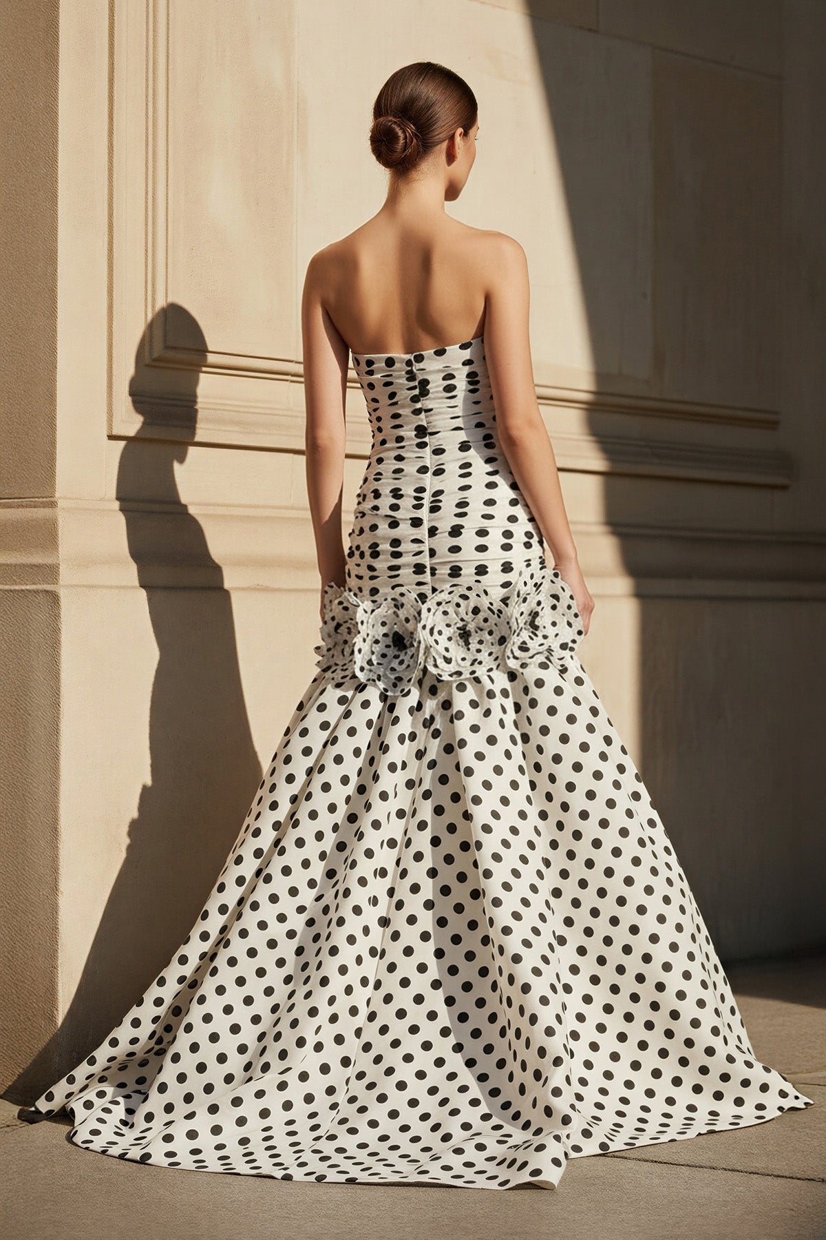Polka Dot Ruched Mermaid Prom Gown in White