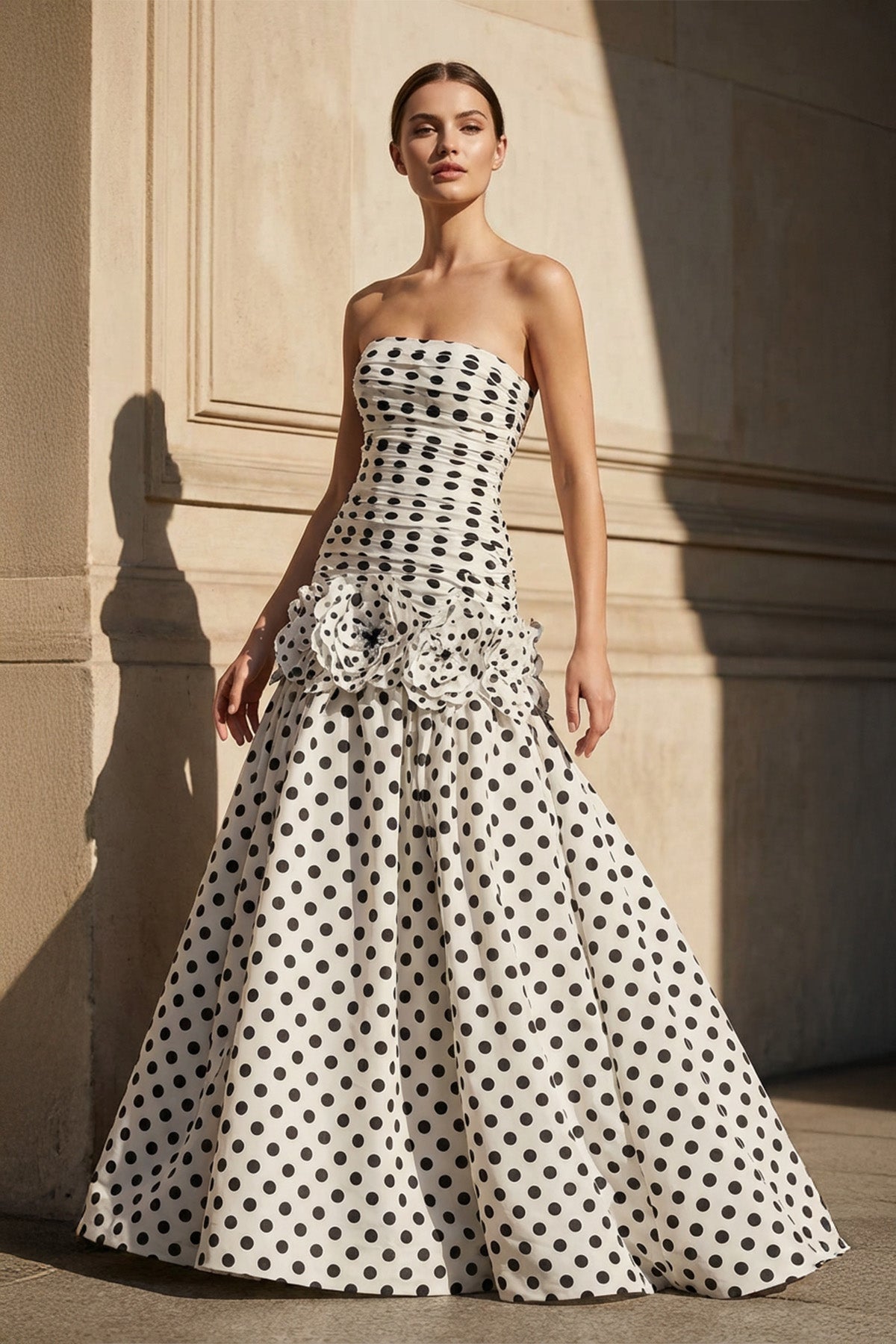 Polka Dot Ruched Mermaid Prom Gown in White