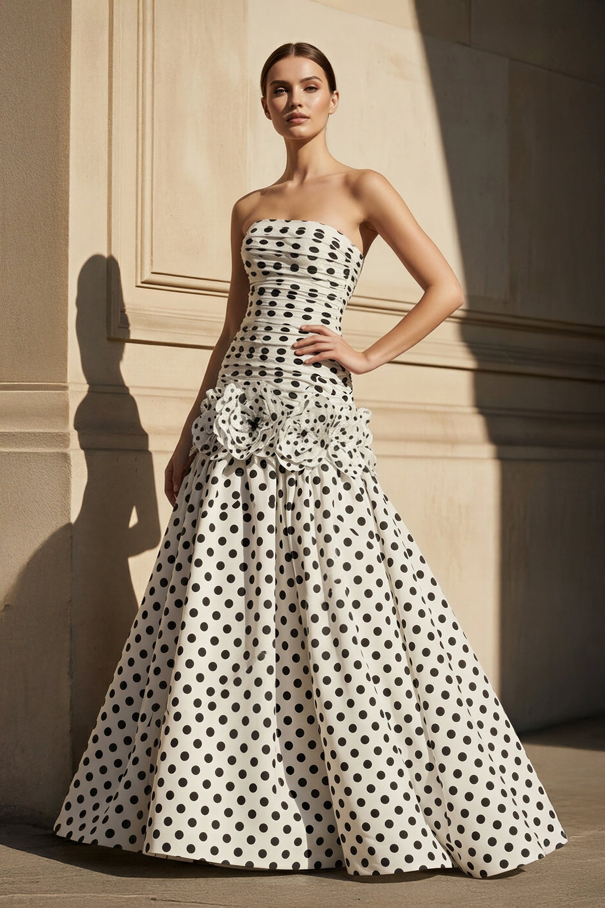 Polka Dot Ruched Mermaid Prom Gown in White