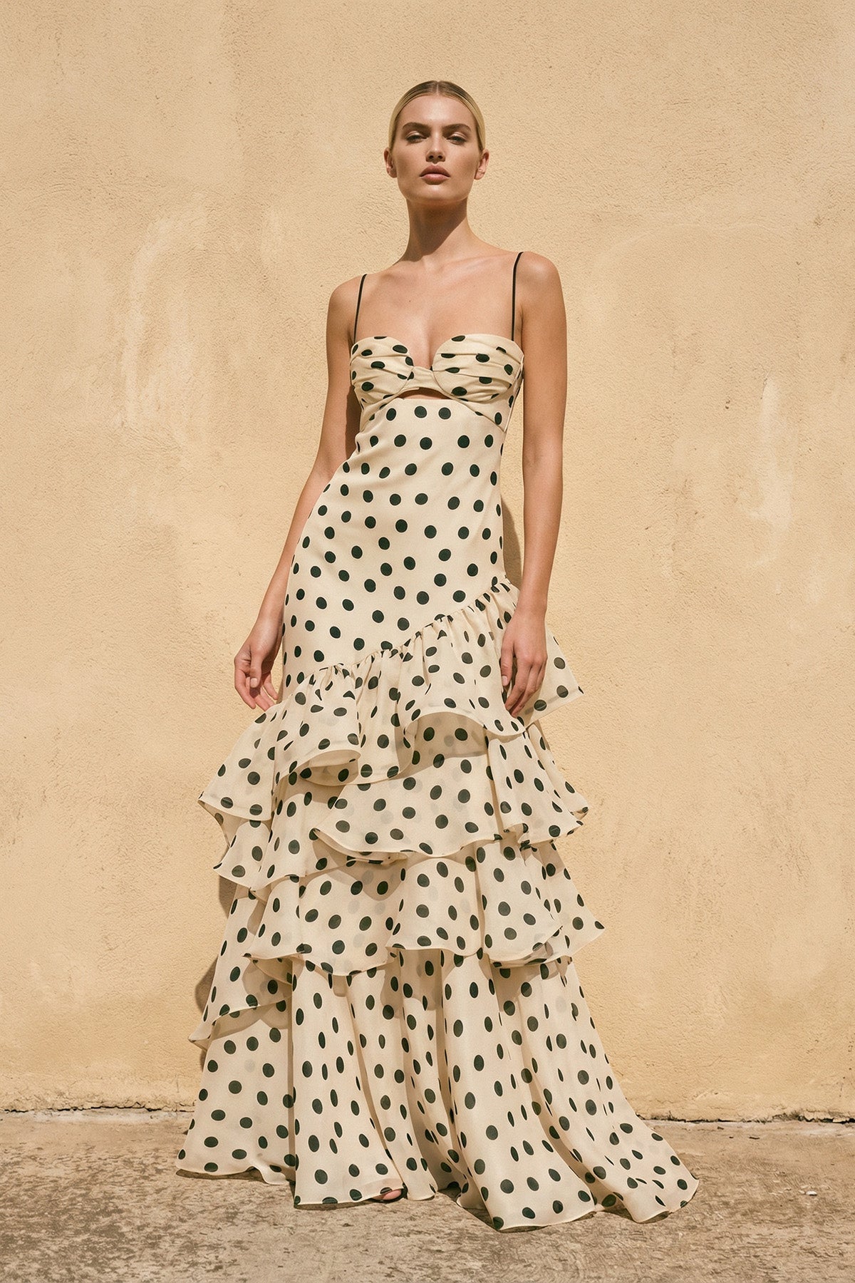 Polka Dot Ruffled Spaghetti Straps Prom Gown in Champagne