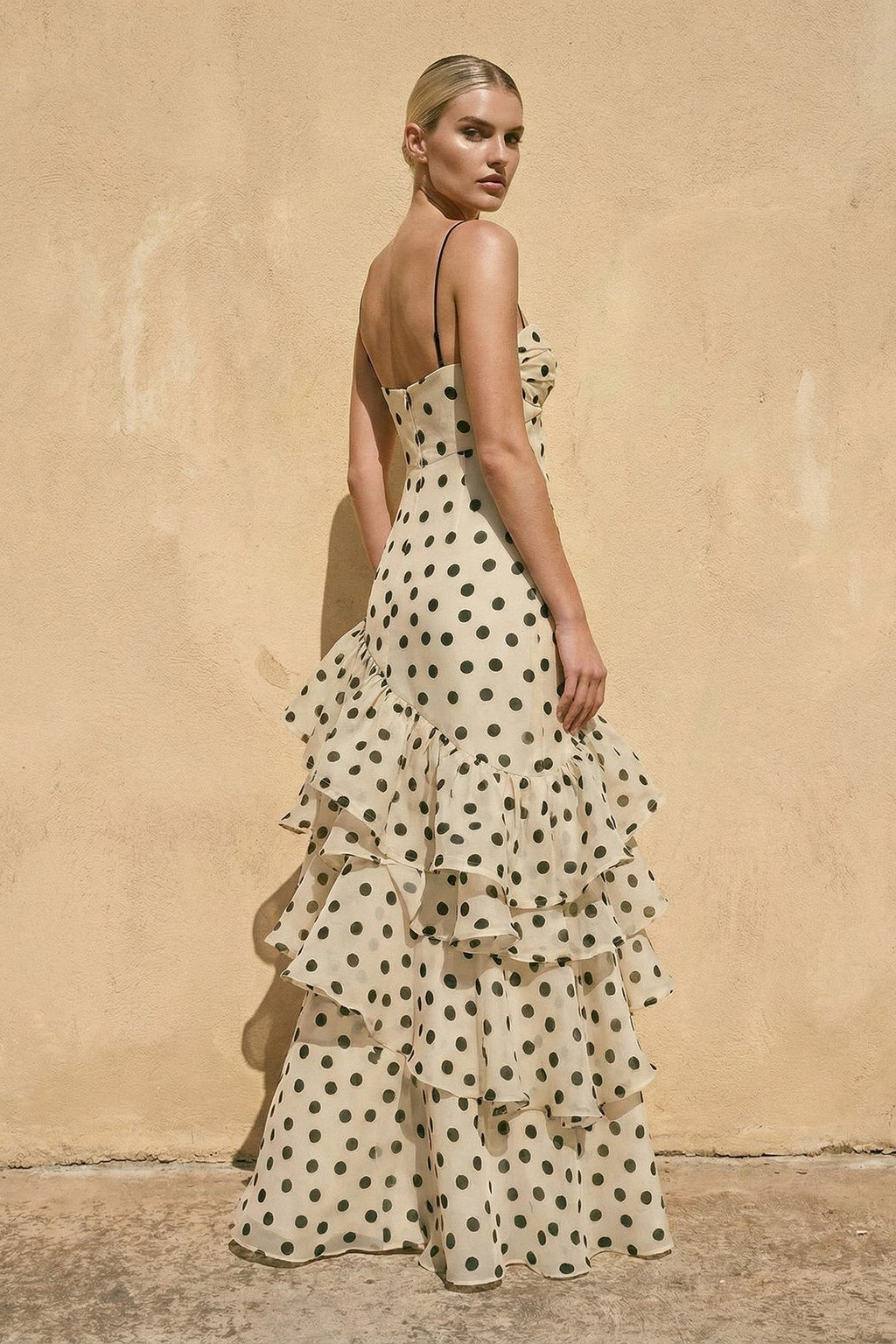 Polka Dot Ruffled Spaghetti Straps Prom Gown in Champagne