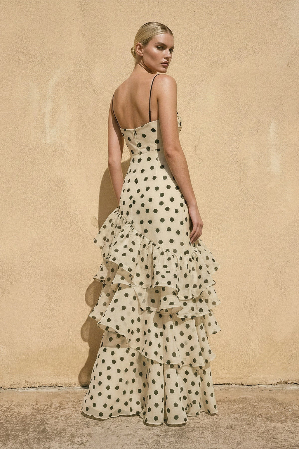Polka Dot Ruffled Spaghetti Straps Prom Gown in Champagne