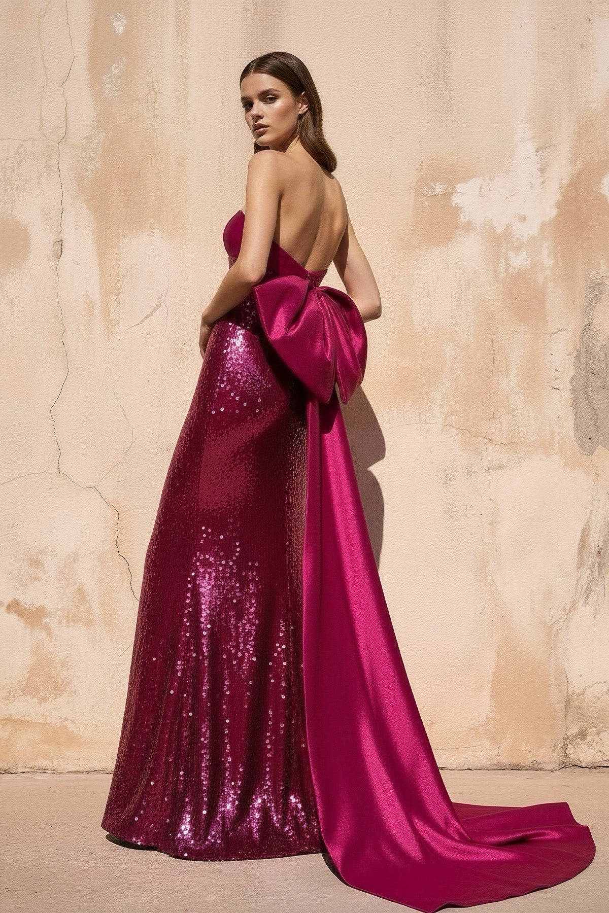 Sequins Mermaid Prom Dress with Bow in Fuchsia
