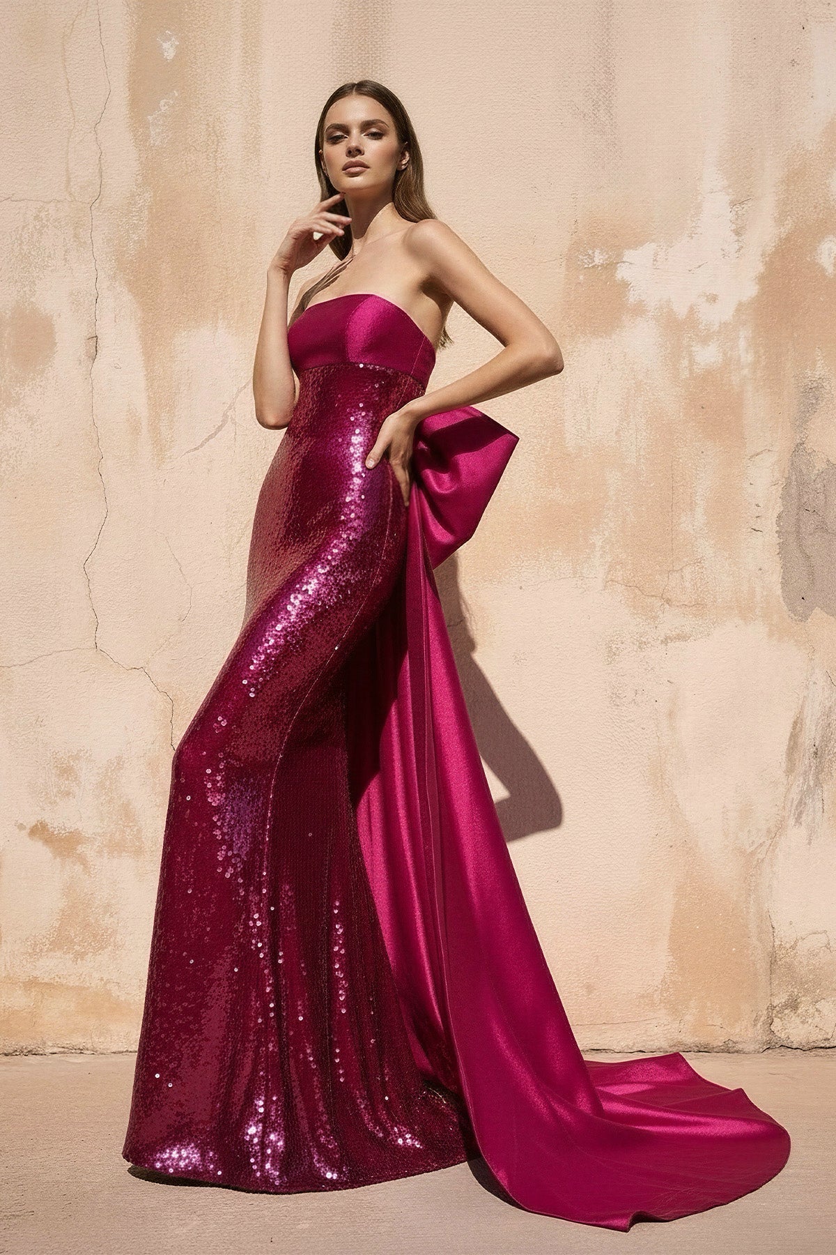 Sequins Mermaid Prom Dress with Bow in Fuchsia