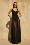 Sheer Tulle Halter Maxi Dress in Black