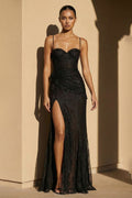 Spaghetti Straps Lace Prom Gown in Black