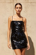 Spaghetti Straps Sequins Mini Dress in Black