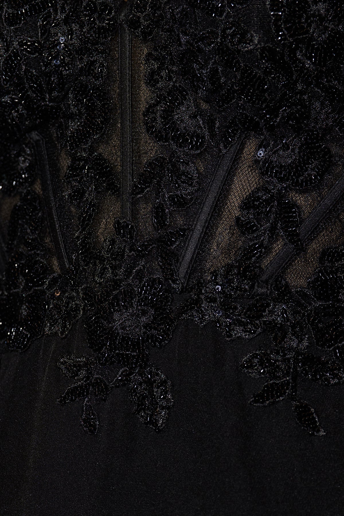 Strapless Corset Prom Gown With Appliques in Black