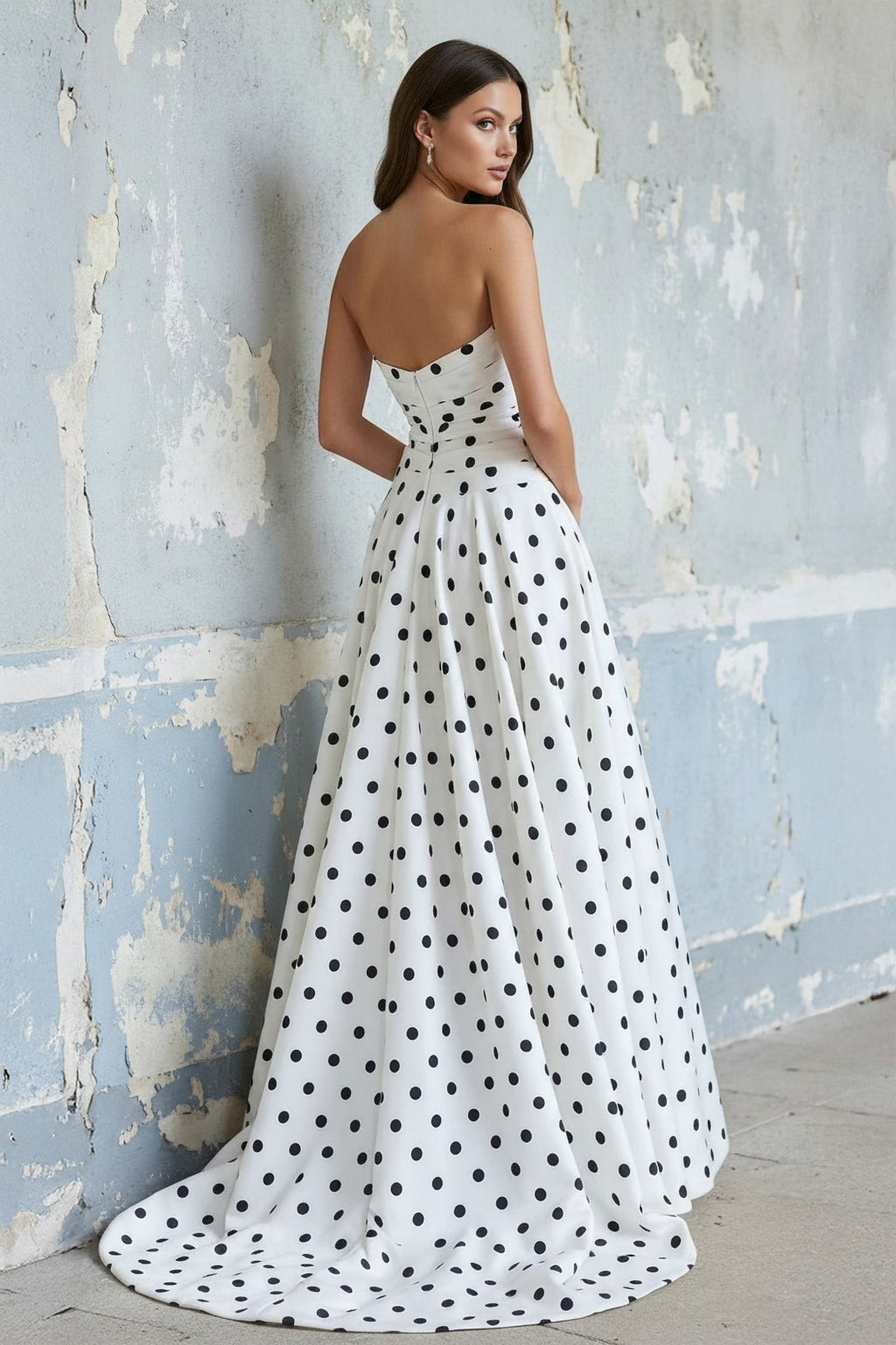 Strapless Polka Dot Bow Prom Gown in White