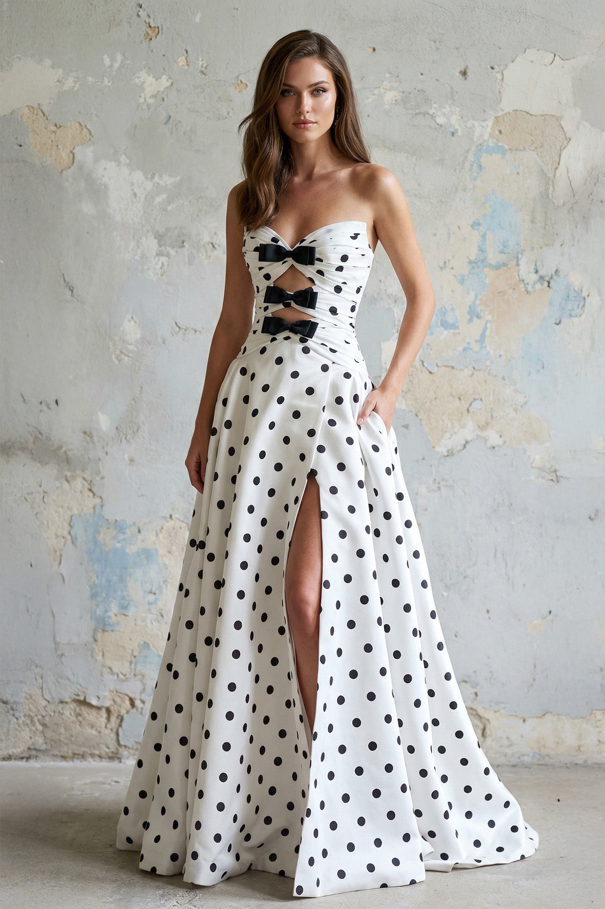 Strapless Polka Dot Bow Prom Gown in White