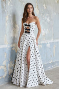 Strapless Polka Dot Bow Prom Gown in White