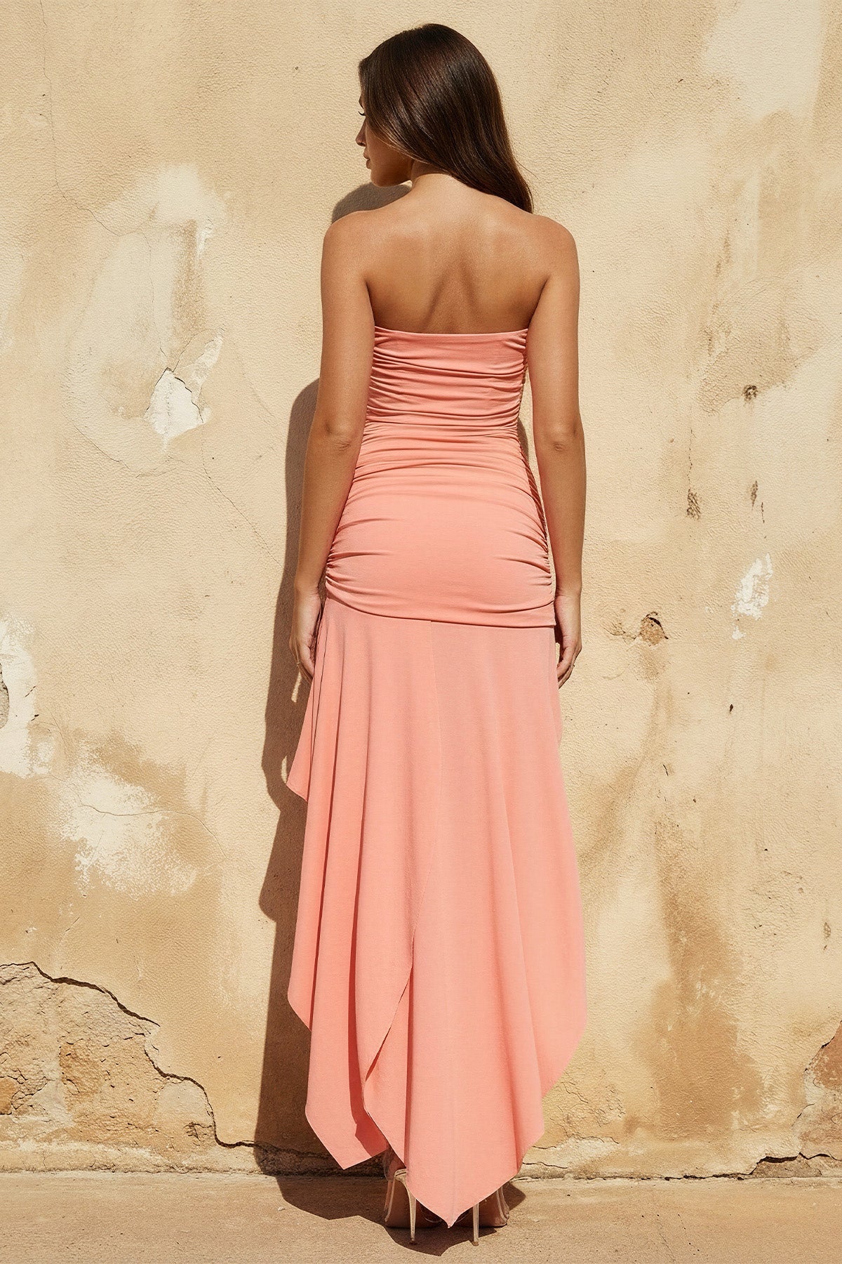 Strapless Ruched Asymmetric Maxi Dress in Coral Pink