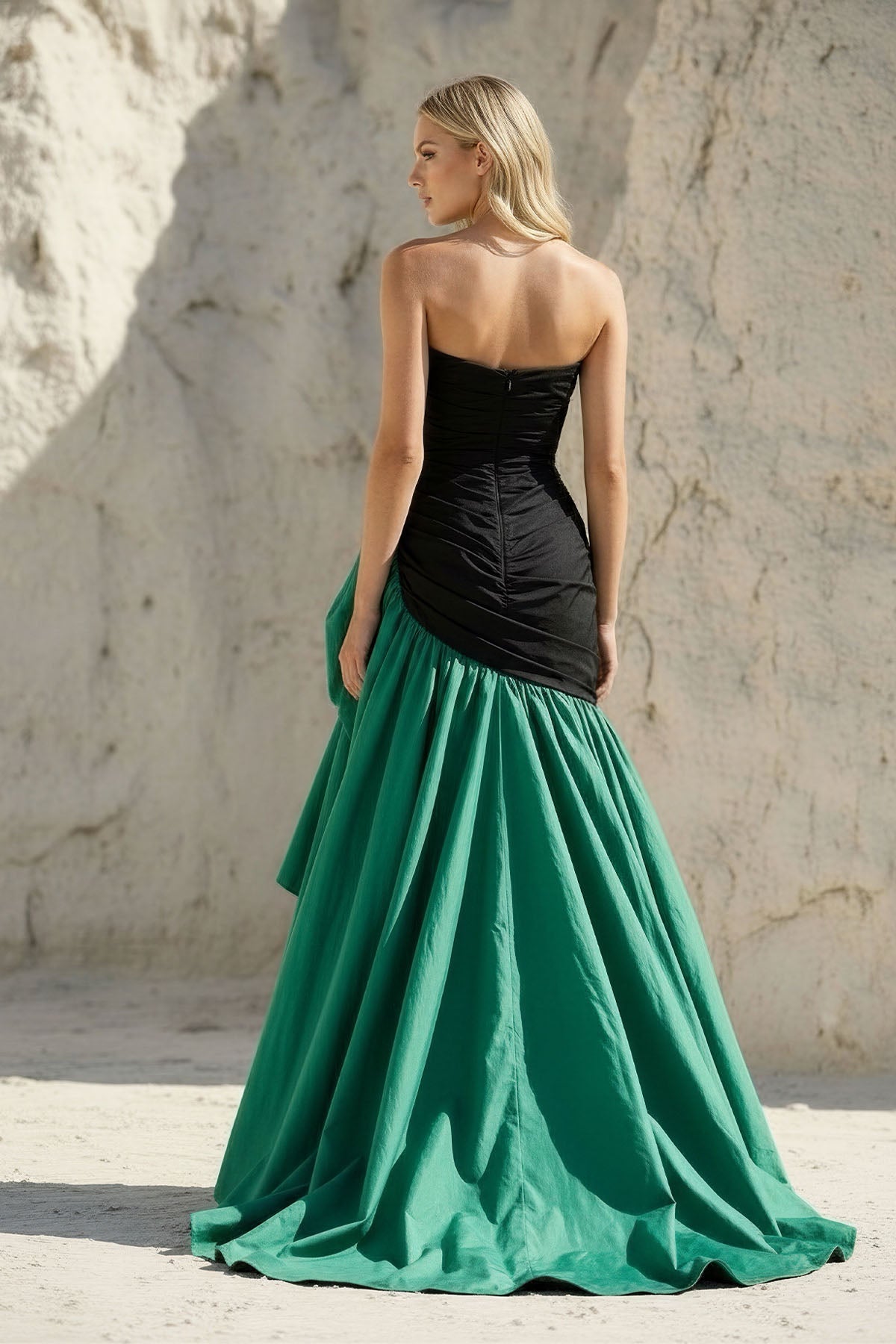 Strapless Ruched High-Low Prom Dress in Black and Emerald Green