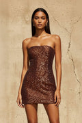 Strapless Sequined Mini Dress in Brown