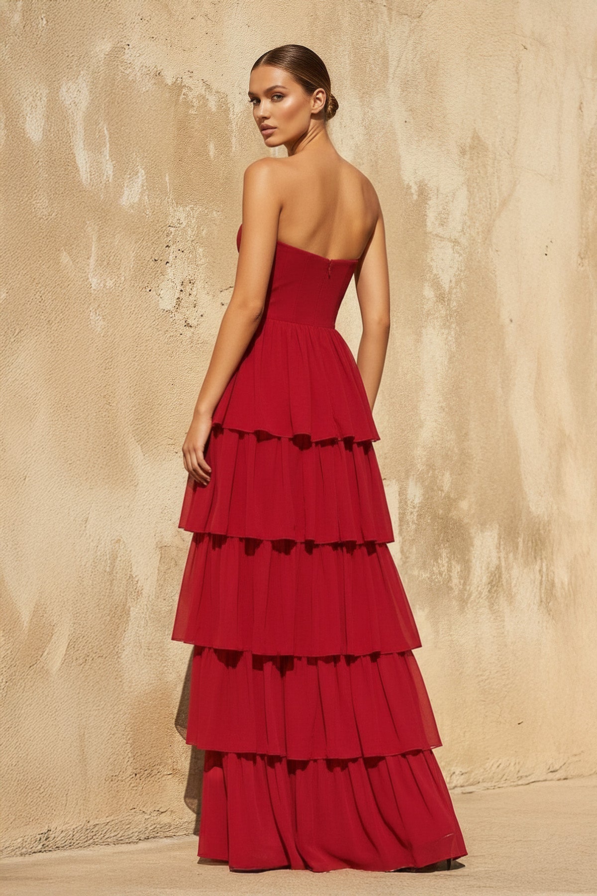 Strapless Tiered Maxi Dress in Red