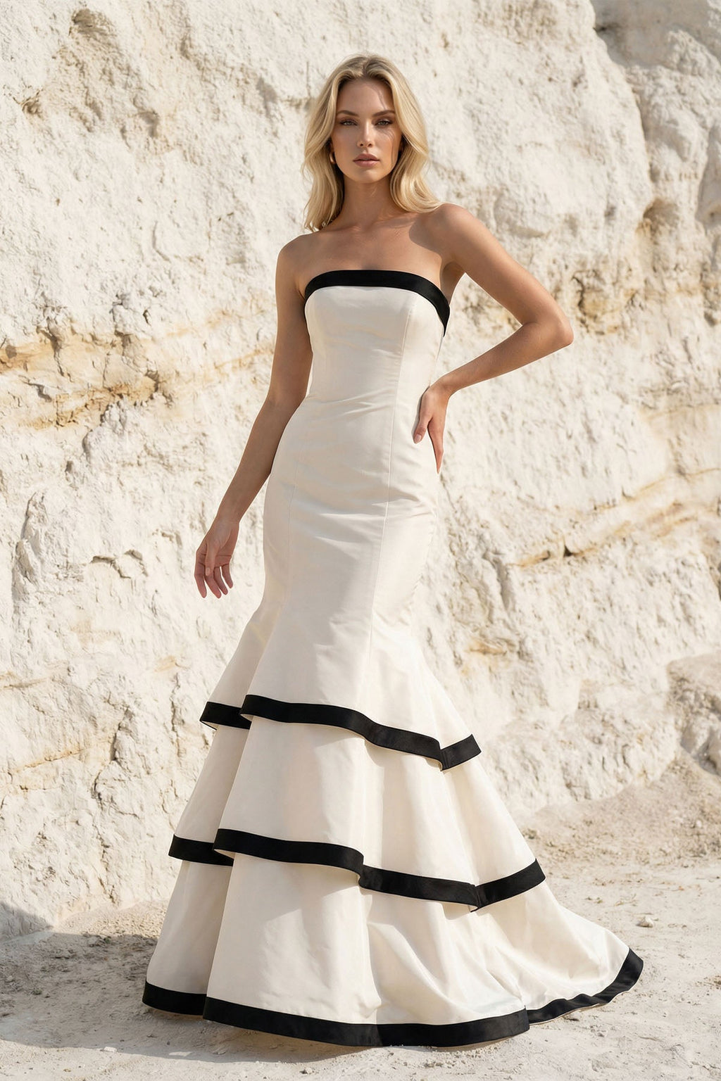 Strapless Tiered Mermaid Prom Gown in Black and White