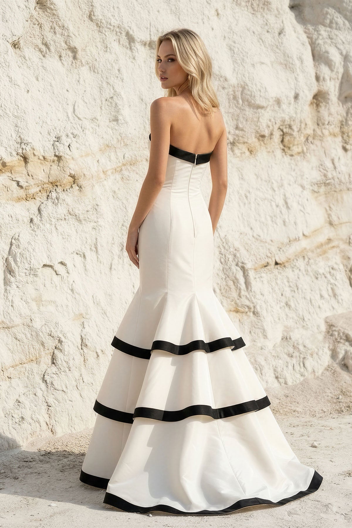 Strapless Tiered Mermaid Prom Gown in Black and White