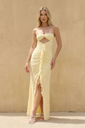 Strapless Twist-Front Ruffled Maxi Dress in Yellow