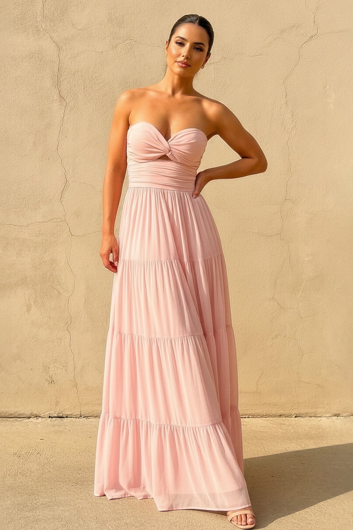Strapless Twist-Front Tiered Maxi Dress in Blush