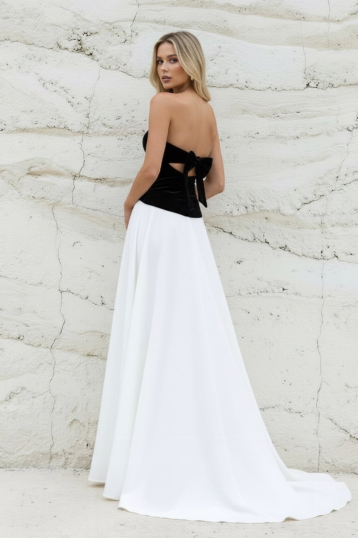 Strapless Velvet Slit Prom Dress in Black and White