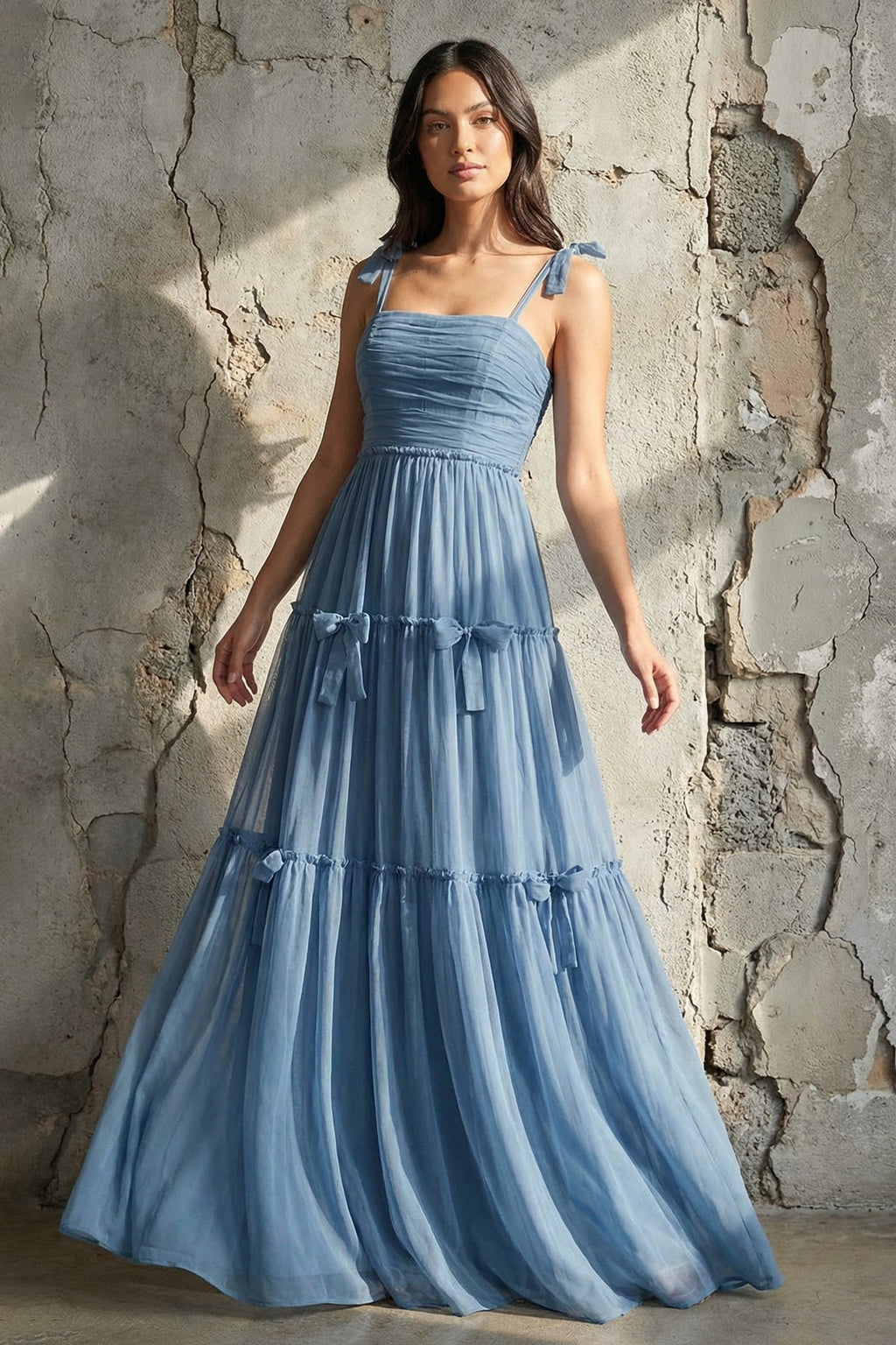 Tiered Maxi Dress With Bow in Steel Blue